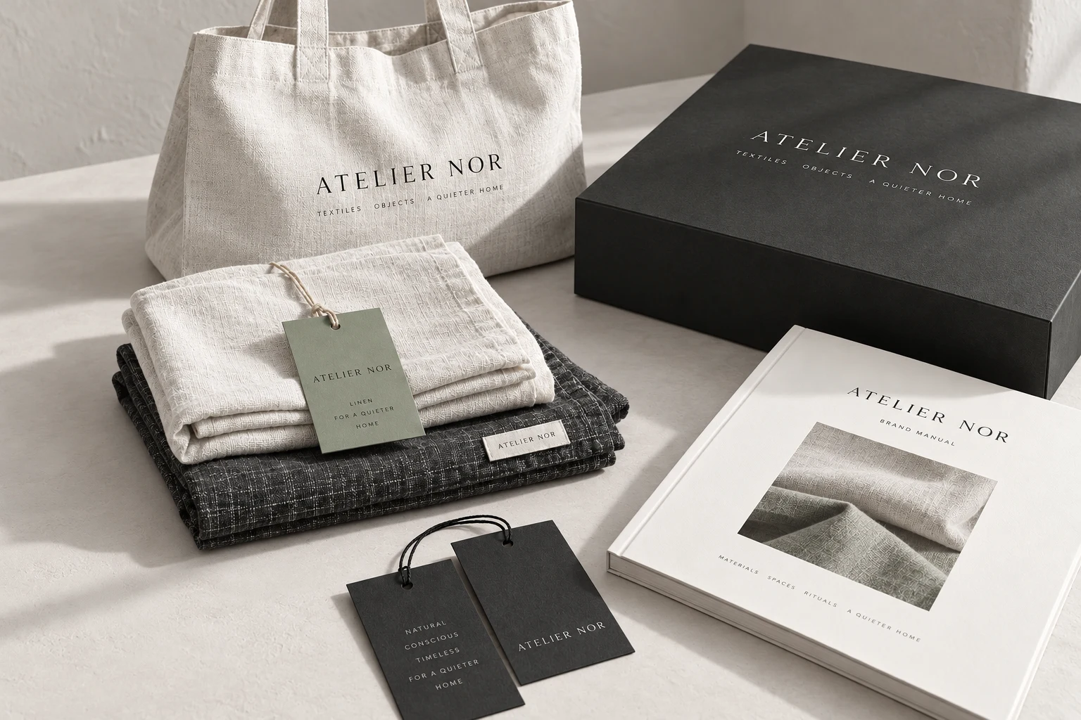ATELIER NOR lifestyle branding with linen textiles, a canvas tote, charcoal box and brand manual