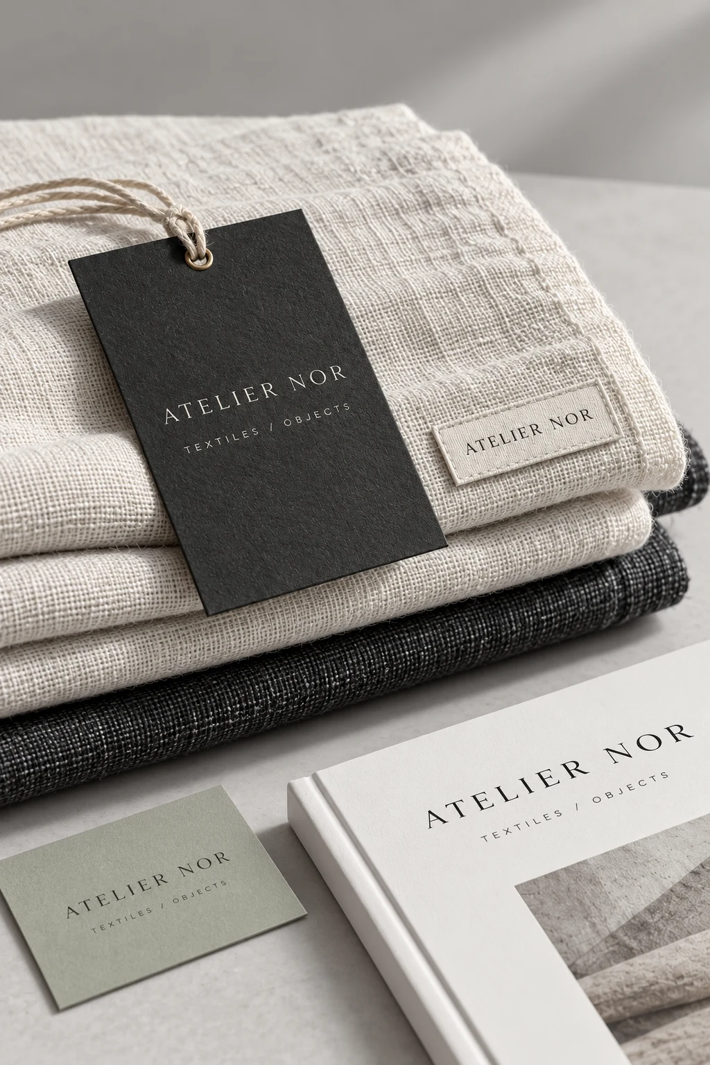 ATELIER NOR woven linen label and charcoal swing tag beside an ivory brand manual