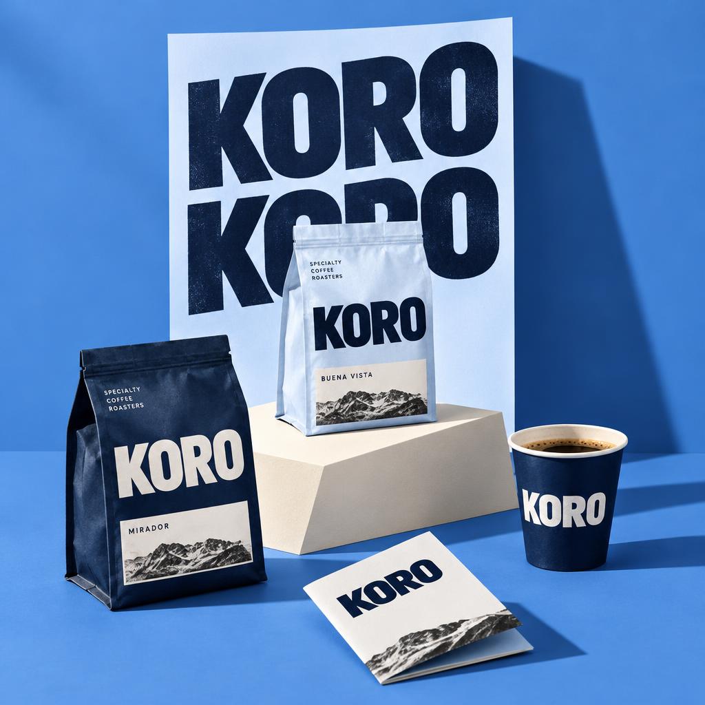 AI-assisted KORO campaign study with navy coffee pouches, a branded cup and bold blue printed applications