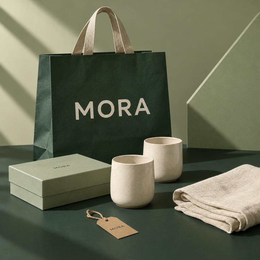 AI-assisted MORA homeware study with a forest-green shopping bag, sage gift box, ceramics and linen