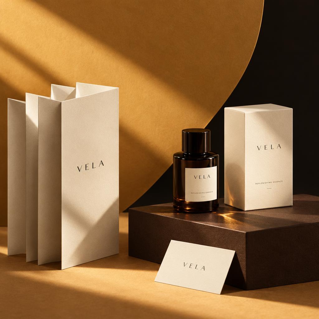 AI-assisted VELA skincare campaign study with espresso glass, cream packaging and warm sculptural paper