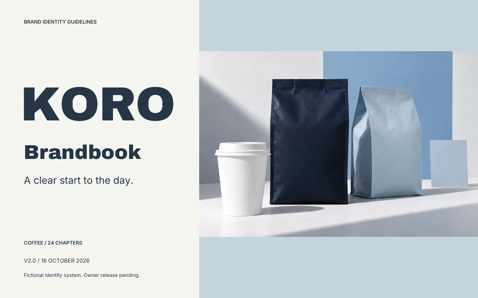KORO 24-page brandbook cover with its exact vector wordmark and material photography