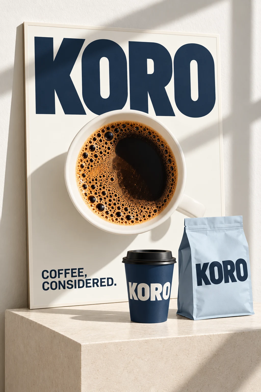 KORO coffee campaign poster in midnight navy and powder blue beside a branded takeaway cup and coffee pouch