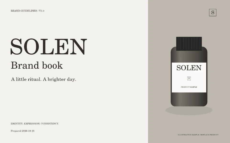 Actual SOLEN sample brandbook cover with an illustrative bottle