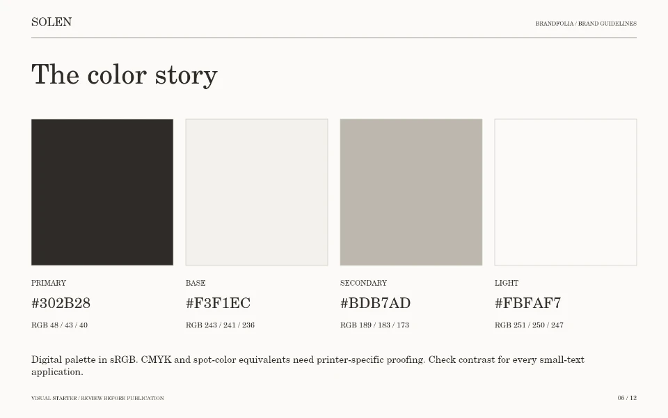 Sample handbook color page with primary, base, secondary and light color values