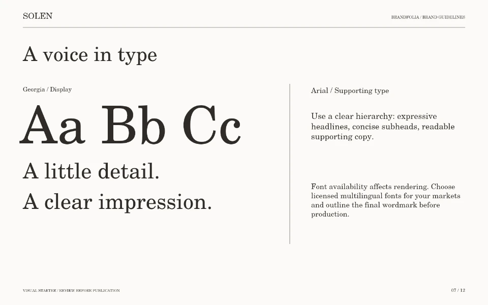Sample handbook typography page showing display and supporting type roles