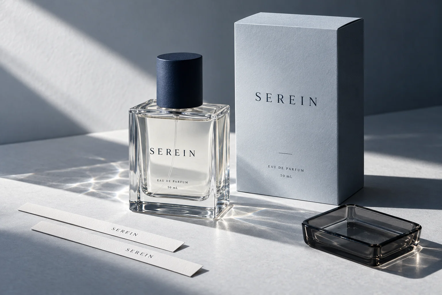 SEREIN clear glass perfume bottle with an ink blue cap, silver blue carton and fragrance blotters in refracted light