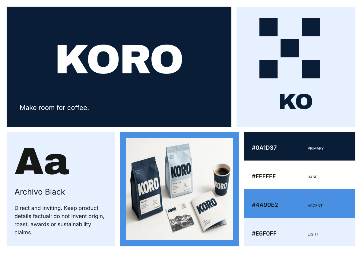 Identidad visual de KORO, marca ficticia exportada desde Brandfolia