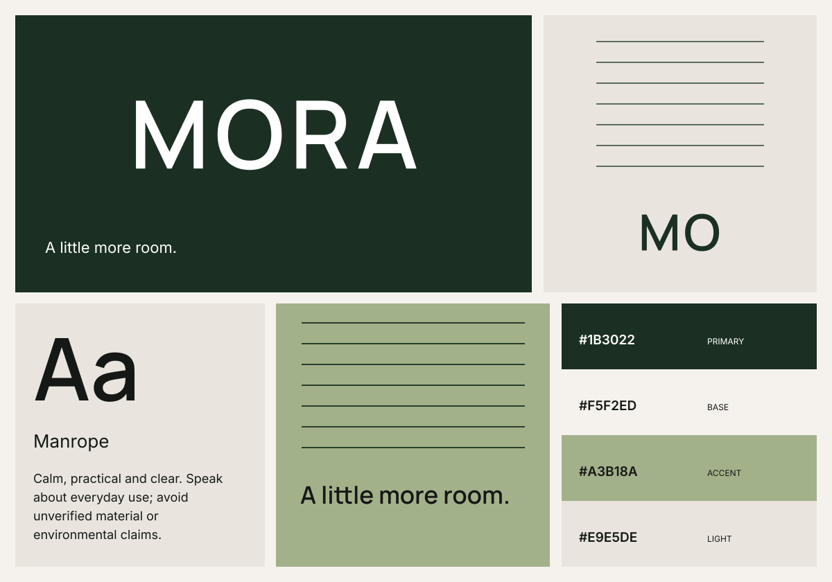 Identidad visual de MORA, marca ficticia exportada desde Brandfolia