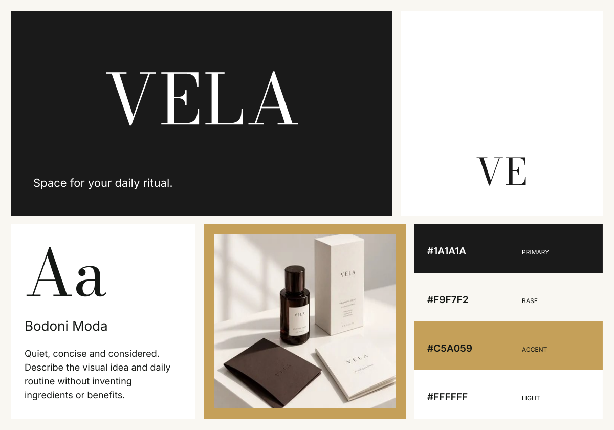 Identidad visual de VELA, marca ficticia exportada desde Brandfolia