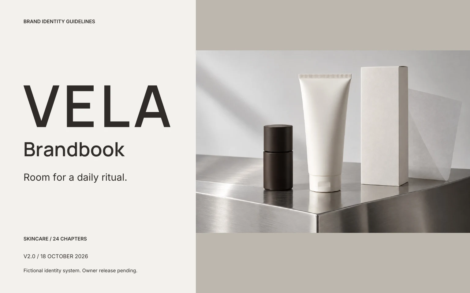 VELA fictional skincare brandbook cover from the downloadable 24-page identity system
